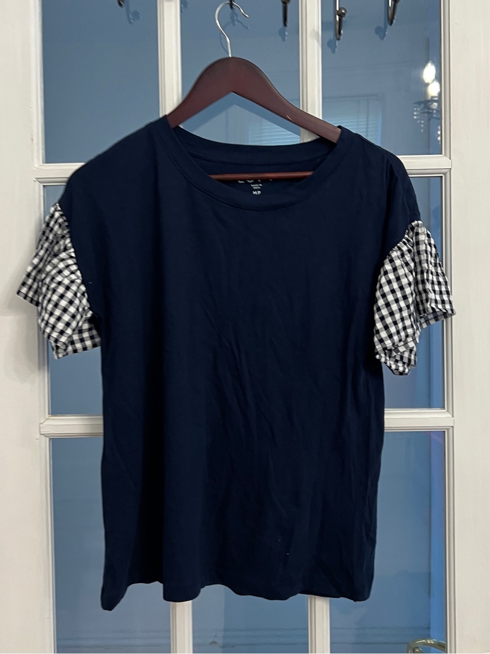 LOFT Women’s Petite Navy Gingham Ruffle Sleeve Mixed Media Tee MP